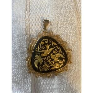Vintage Damascene Gold Tone Filigree Bird Flower Pendant Necklace Black